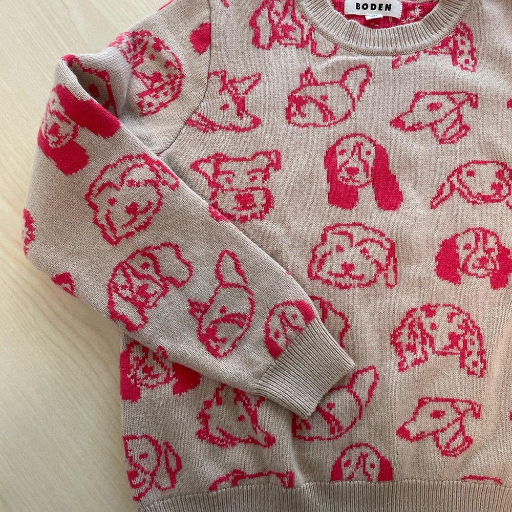 Boden Beige and Hot Pink Dog Motif Crewneck Sweater